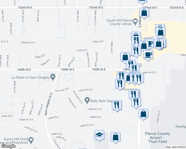 map of restaurants, bars, coffee shops, grocery stores, and more near 9611 161st Street East in Puyallup