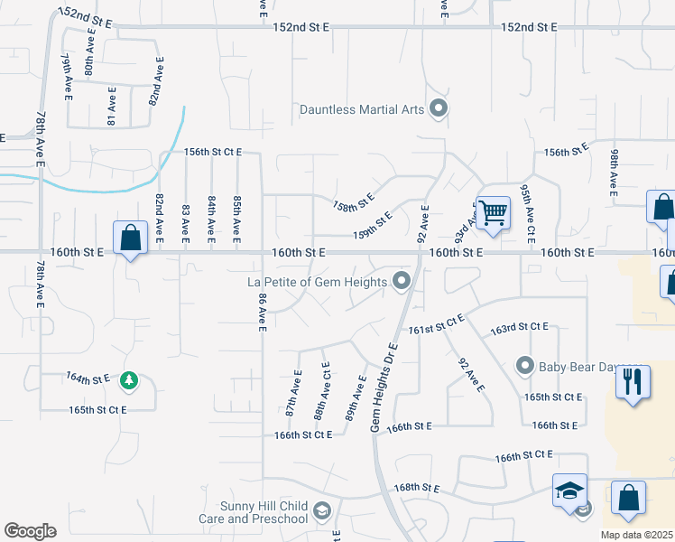 map of restaurants, bars, coffee shops, grocery stores, and more near 8824 161st Street Court East in Puyallup