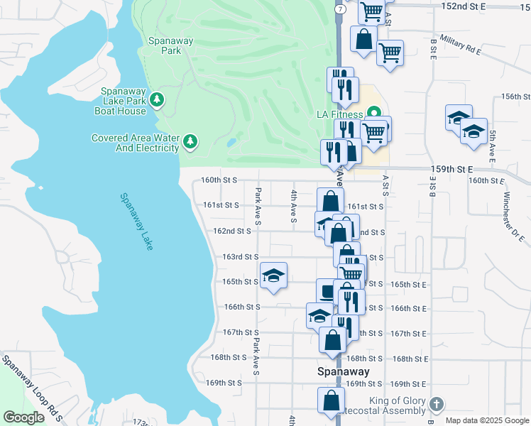 map of restaurants, bars, coffee shops, grocery stores, and more near 420 161st Street South in Spanaway