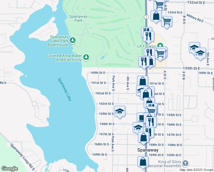 map of restaurants, bars, coffee shops, grocery stores, and more near 616 161st Street South in Spanaway