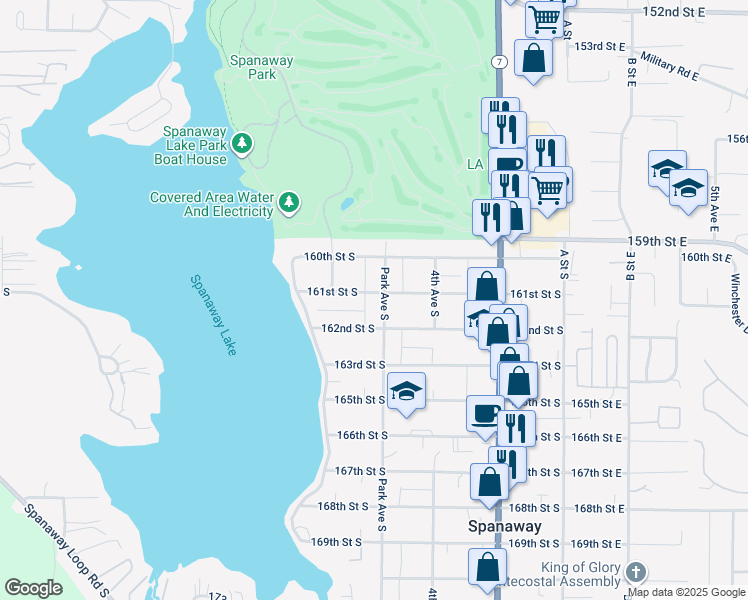 map of restaurants, bars, coffee shops, grocery stores, and more near 616 161st Street South in Spanaway