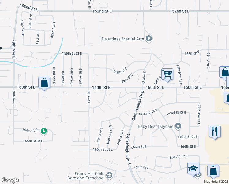 map of restaurants, bars, coffee shops, grocery stores, and more near 8828 161st Street Court East in Puyallup