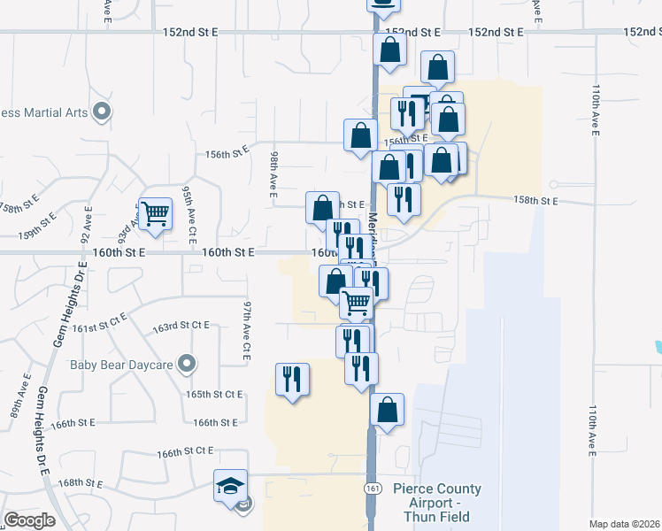 map of restaurants, bars, coffee shops, grocery stores, and more near 16120 Meridian Avenue East in Puyallup