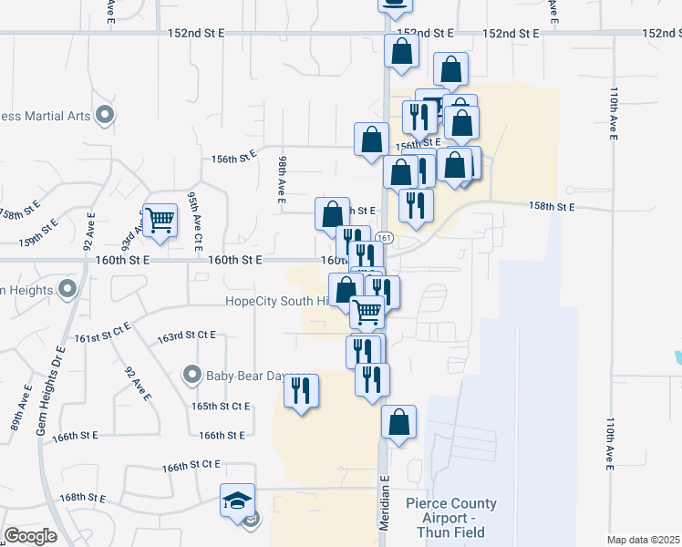 map of restaurants, bars, coffee shops, grocery stores, and more near 16120 Meridian Avenue East in Puyallup