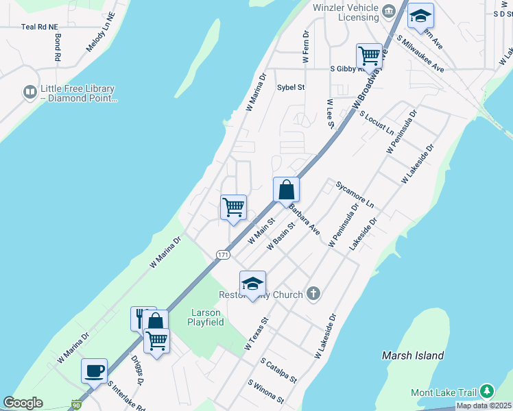 map of restaurants, bars, coffee shops, grocery stores, and more near 2140 West Broadway Avenue in Moses Lake