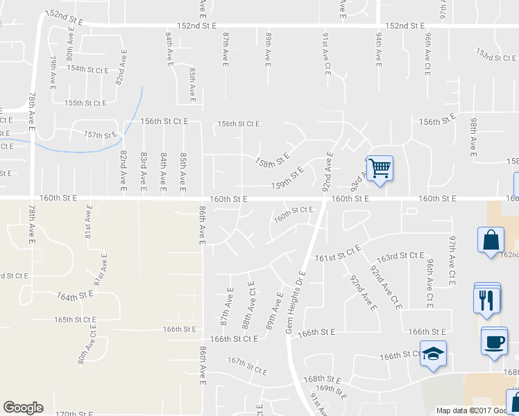 map of restaurants, bars, coffee shops, grocery stores, and more near 8828 161st Street Court East in Puyallup