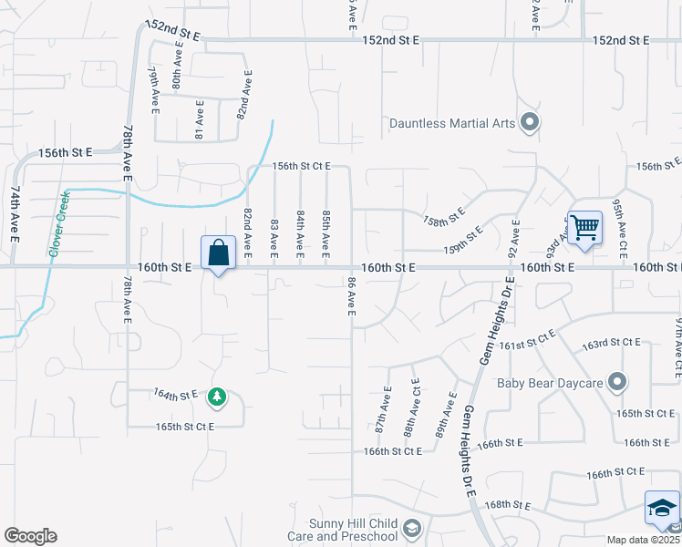 map of restaurants, bars, coffee shops, grocery stores, and more near 8519 160th Street Court East in Puyallup