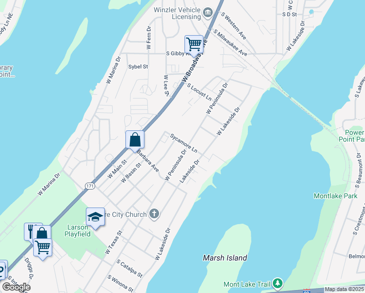 map of restaurants, bars, coffee shops, grocery stores, and more near 614 Sycamore Lane in Moses Lake
