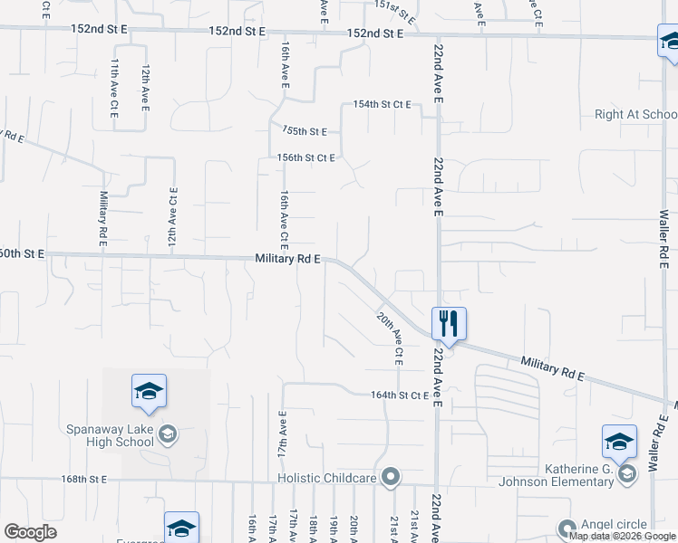 map of restaurants, bars, coffee shops, grocery stores, and more near 1820 162nd Street East in Tacoma