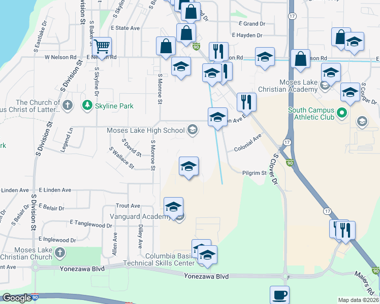 map of restaurants, bars, coffee shops, grocery stores, and more near 803 Sharon Avenue East in Moses Lake