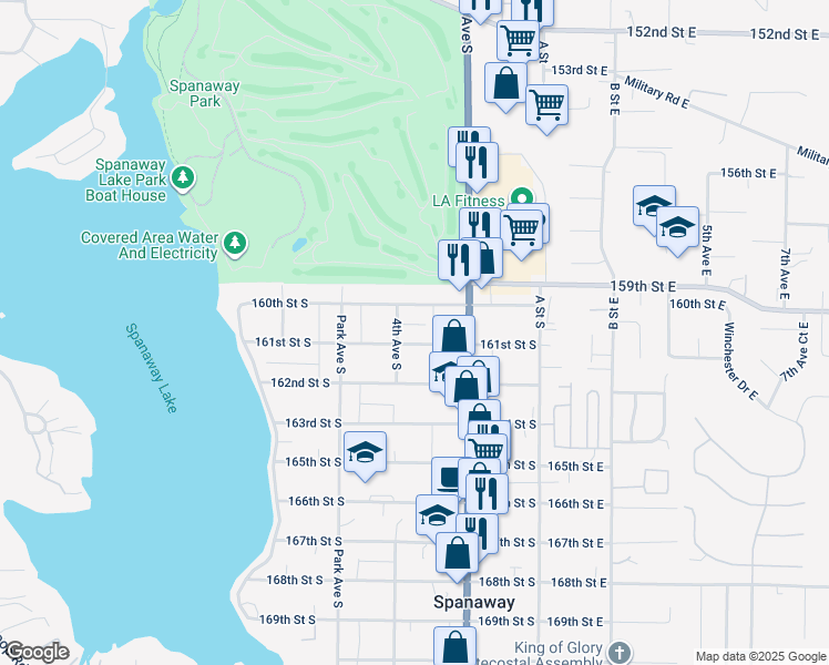 map of restaurants, bars, coffee shops, grocery stores, and more near 242 161st Street South in Spanaway