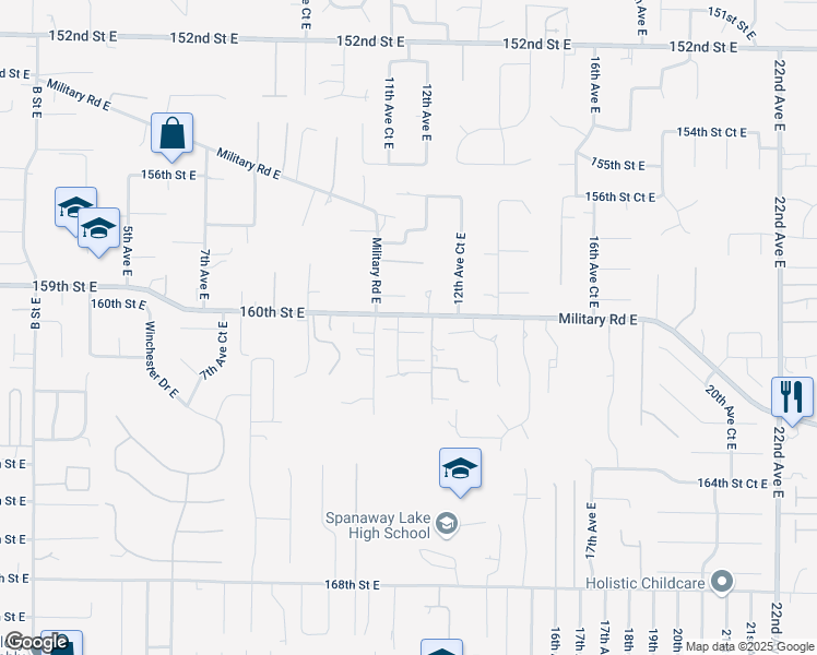 map of restaurants, bars, coffee shops, grocery stores, and more near 16102 11th Avenue Court East in Tacoma