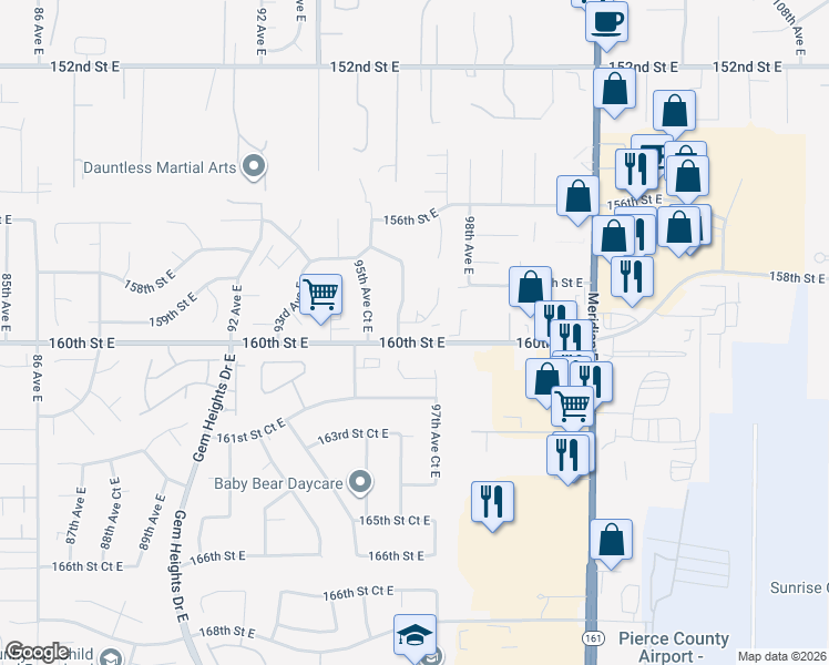 map of restaurants, bars, coffee shops, grocery stores, and more near 15826 96th Avenue Court East in Puyallup