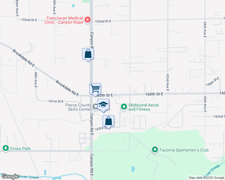 map of restaurants, bars, coffee shops, grocery stores, and more near 15908 56th Avenue Court East in Puyallup