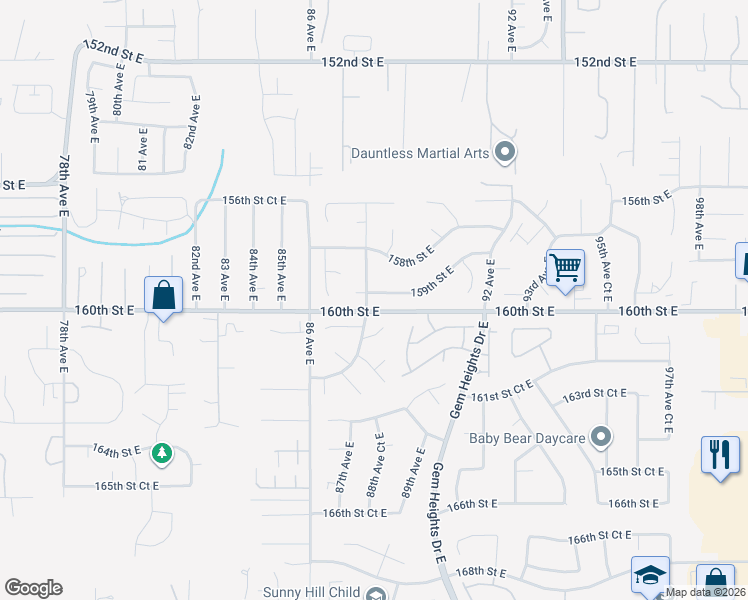 map of restaurants, bars, coffee shops, grocery stores, and more near 8815 159th Street East in Puyallup