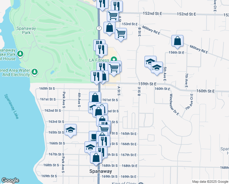 map of restaurants, bars, coffee shops, grocery stores, and more near 102 160th Street South in Spanaway