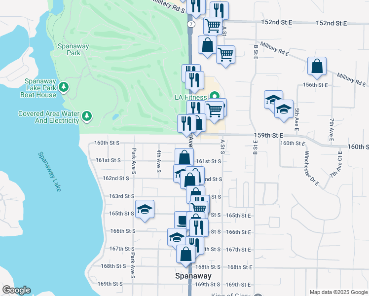 map of restaurants, bars, coffee shops, grocery stores, and more near 201 160th Street South in Spanaway