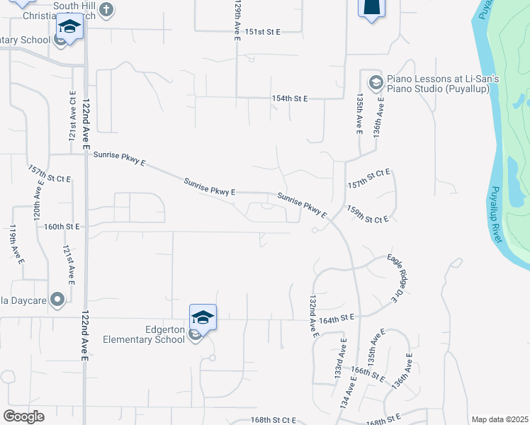 map of restaurants, bars, coffee shops, grocery stores, and more near 12922 158th Street Court East in Puyallup