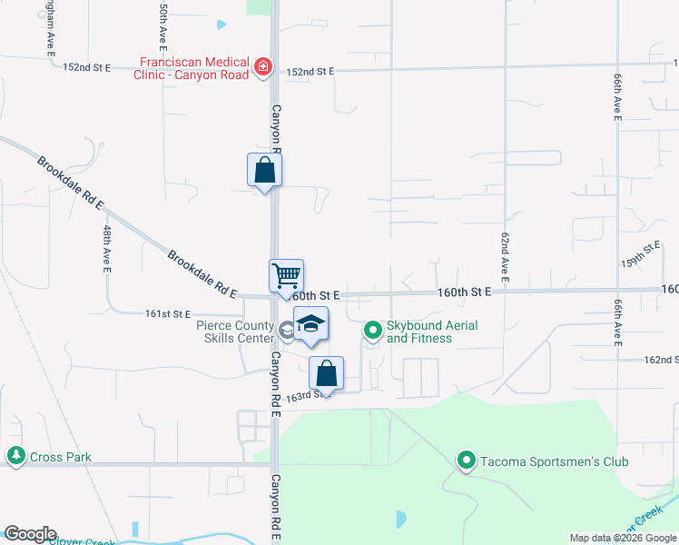 map of restaurants, bars, coffee shops, grocery stores, and more near 15908 56th Avenue Court East in Puyallup
