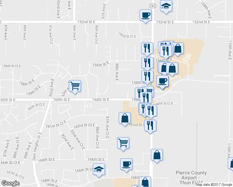 map of restaurants, bars, coffee shops, grocery stores, and more near 9809 160th Street East in Puyallup