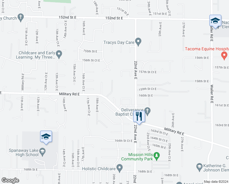 map of restaurants, bars, coffee shops, grocery stores, and more near 15923 19th Avenue East in Tacoma