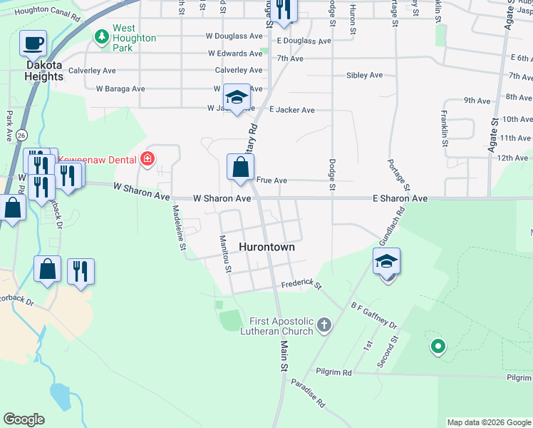 map of restaurants, bars, coffee shops, grocery stores, and more near 47936 Superior Road in Houghton