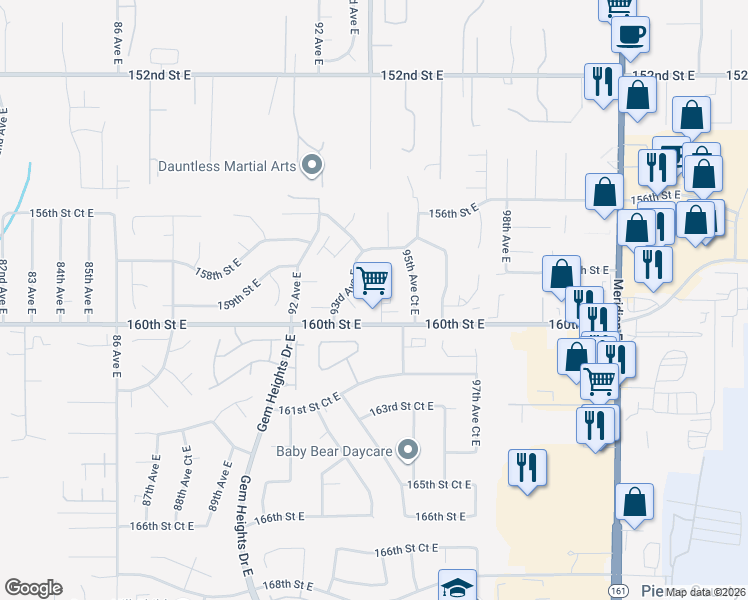 map of restaurants, bars, coffee shops, grocery stores, and more near 15820 94th Avenue Court East in South Hill