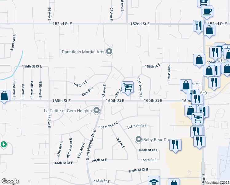 map of restaurants, bars, coffee shops, grocery stores, and more near 15916 93rd Avenue East in Puyallup