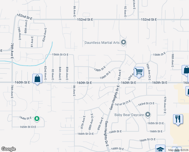 map of restaurants, bars, coffee shops, grocery stores, and more near 8815 159th Street East in Puyallup