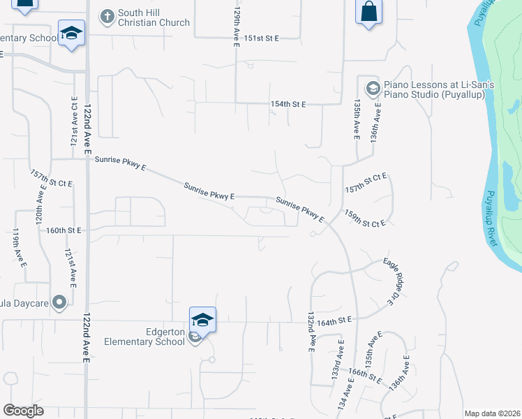 map of restaurants, bars, coffee shops, grocery stores, and more near 12919 158th Street Court East in Puyallup
