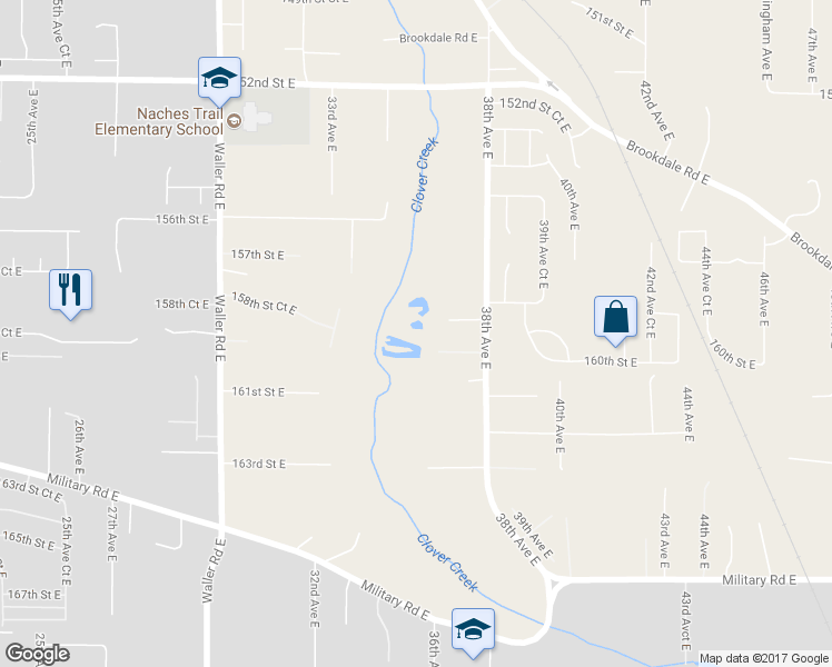 map of restaurants, bars, coffee shops, grocery stores, and more near 3602 159th Street East in Tacoma