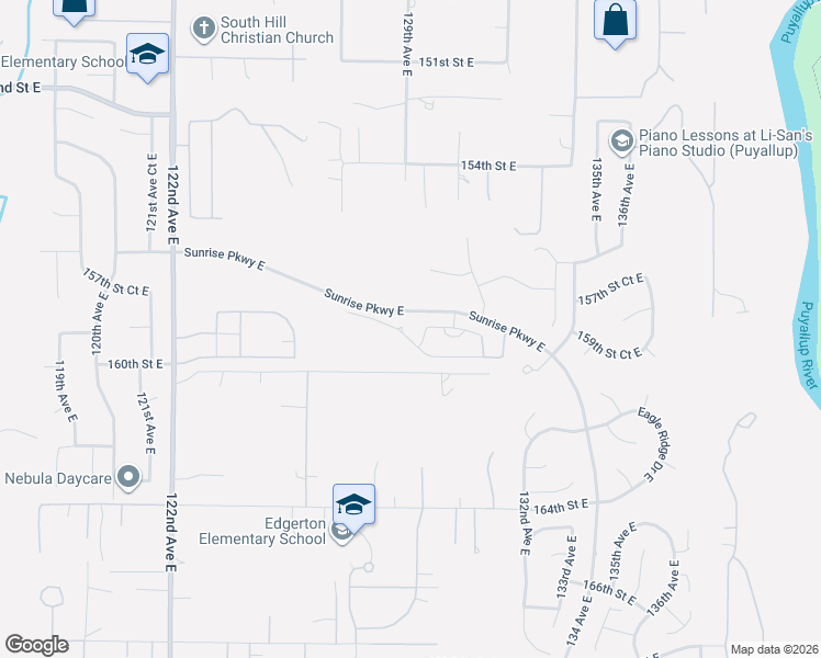 map of restaurants, bars, coffee shops, grocery stores, and more near 12817 159th Street East in Puyallup