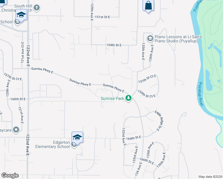 map of restaurants, bars, coffee shops, grocery stores, and more near 13023 158th Street Court East in Puyallup