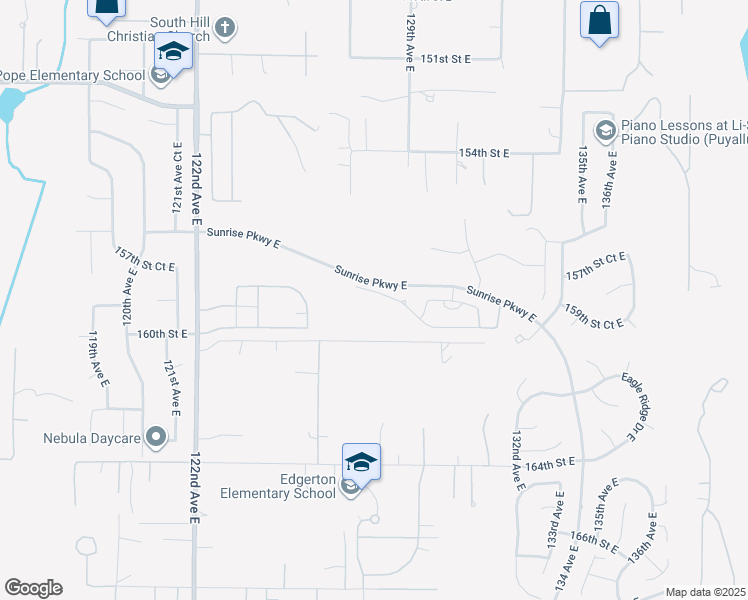 map of restaurants, bars, coffee shops, grocery stores, and more near 12718 159th Street East in Puyallup