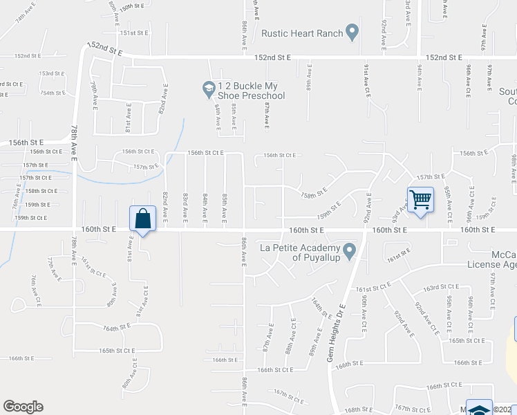 map of restaurants, bars, coffee shops, grocery stores, and more near 8612 158th Street Court East in Puyallup