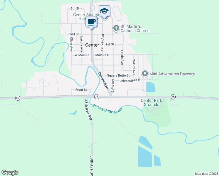 map of restaurants, bars, coffee shops, grocery stores, and more near 345 Center Avenue in Center