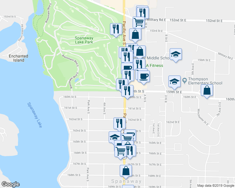 map of restaurants, bars, coffee shops, grocery stores, and more near 201 160th Street South in Spanaway