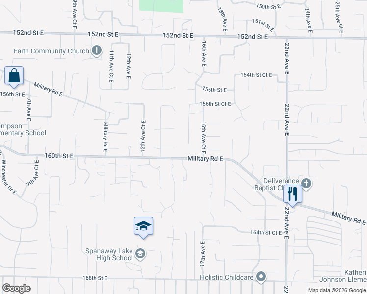 map of restaurants, bars, coffee shops, grocery stores, and more near 15912 15th Avenue Court East in Tacoma