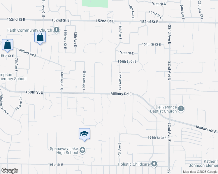 map of restaurants, bars, coffee shops, grocery stores, and more near 15912 15th Avenue Court East in Tacoma