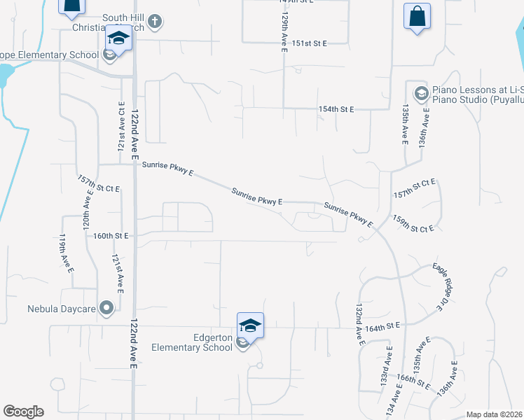 map of restaurants, bars, coffee shops, grocery stores, and more near 12720 159th Street East in Puyallup