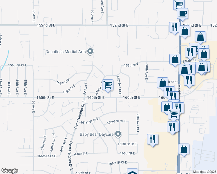 map of restaurants, bars, coffee shops, grocery stores, and more near 15820 94th Avenue Court East in South Hill