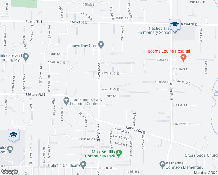 map of restaurants, bars, coffee shops, grocery stores, and more near 2215 159th Street Court East in Tacoma