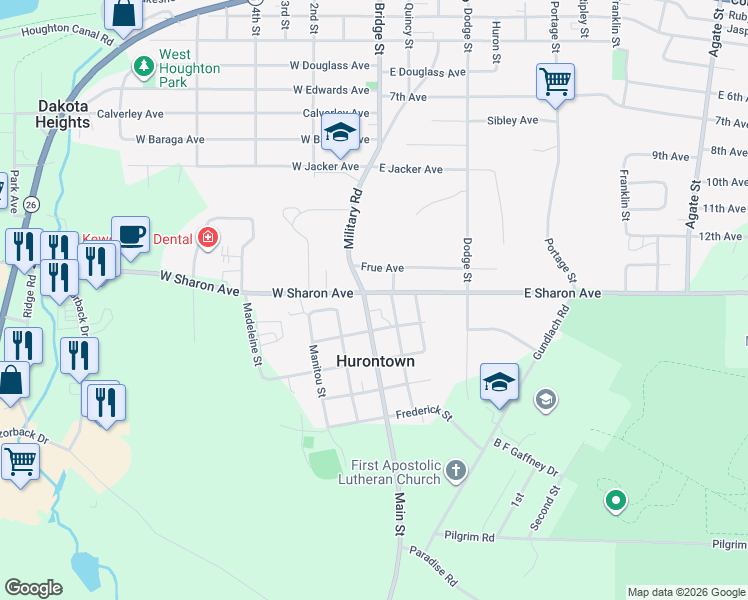 map of restaurants, bars, coffee shops, grocery stores, and more near 47936-47998 Superior Road in Houghton