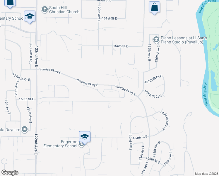map of restaurants, bars, coffee shops, grocery stores, and more near 12919 158th Street Court East in Puyallup