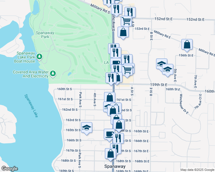 map of restaurants, bars, coffee shops, grocery stores, and more near 201 160th Street South in Spanaway