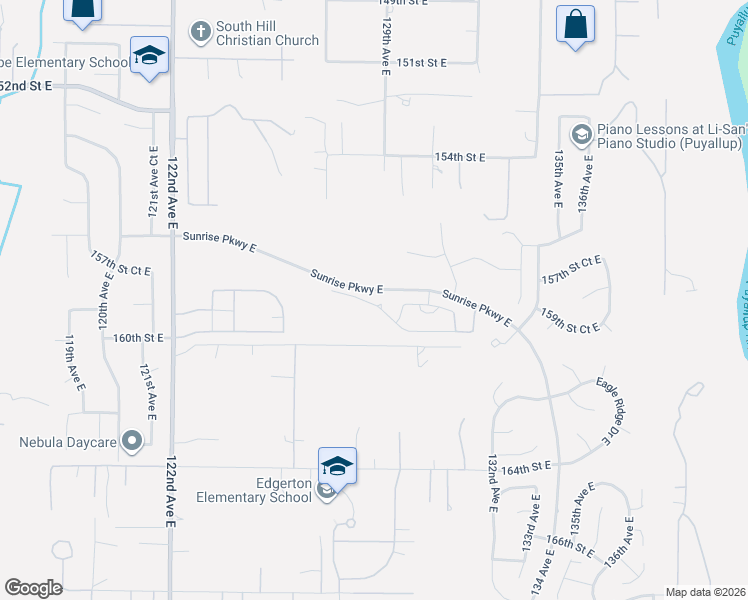 map of restaurants, bars, coffee shops, grocery stores, and more near 12817 159th Street East in Puyallup