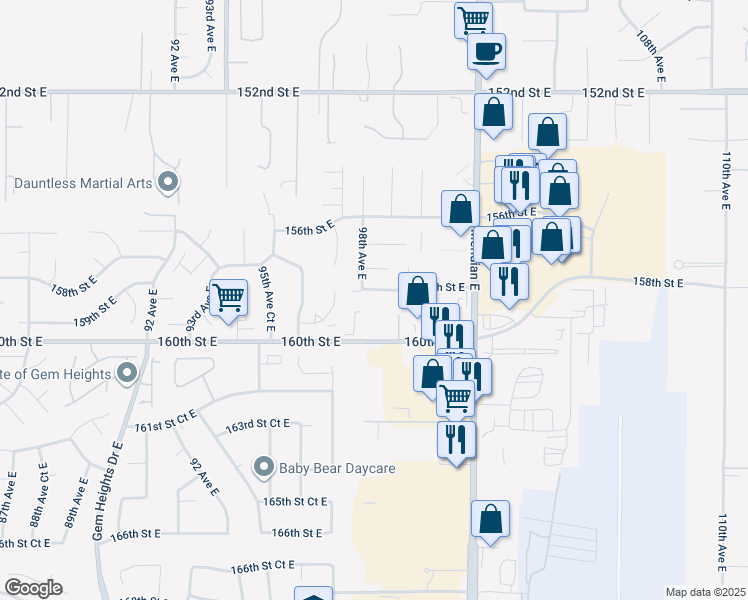 map of restaurants, bars, coffee shops, grocery stores, and more near 9809 160th Street East in Puyallup