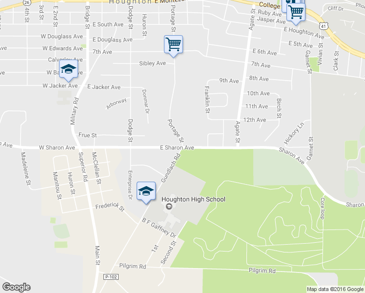map of restaurants, bars, coffee shops, grocery stores, and more near 909 Portage St in Houghton