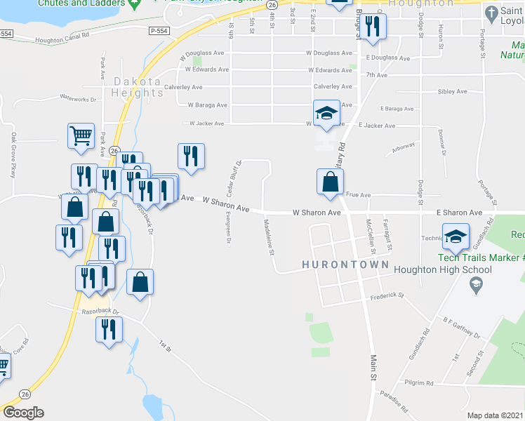 map of restaurants, bars, coffee shops, grocery stores, and more near 700 Cedar Bluff Drive in Houghton
