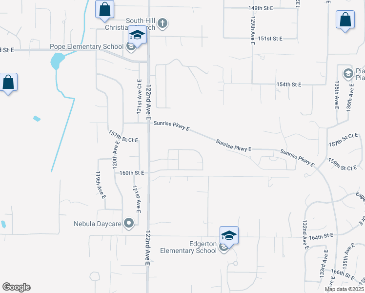 map of restaurants, bars, coffee shops, grocery stores, and more near 12407 158th Street Court East in Puyallup